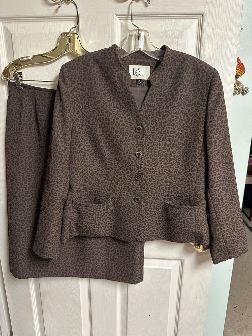 Le Suit Petite skirt jacket blazer brown Cheetah leopard animal print Med 12 90s